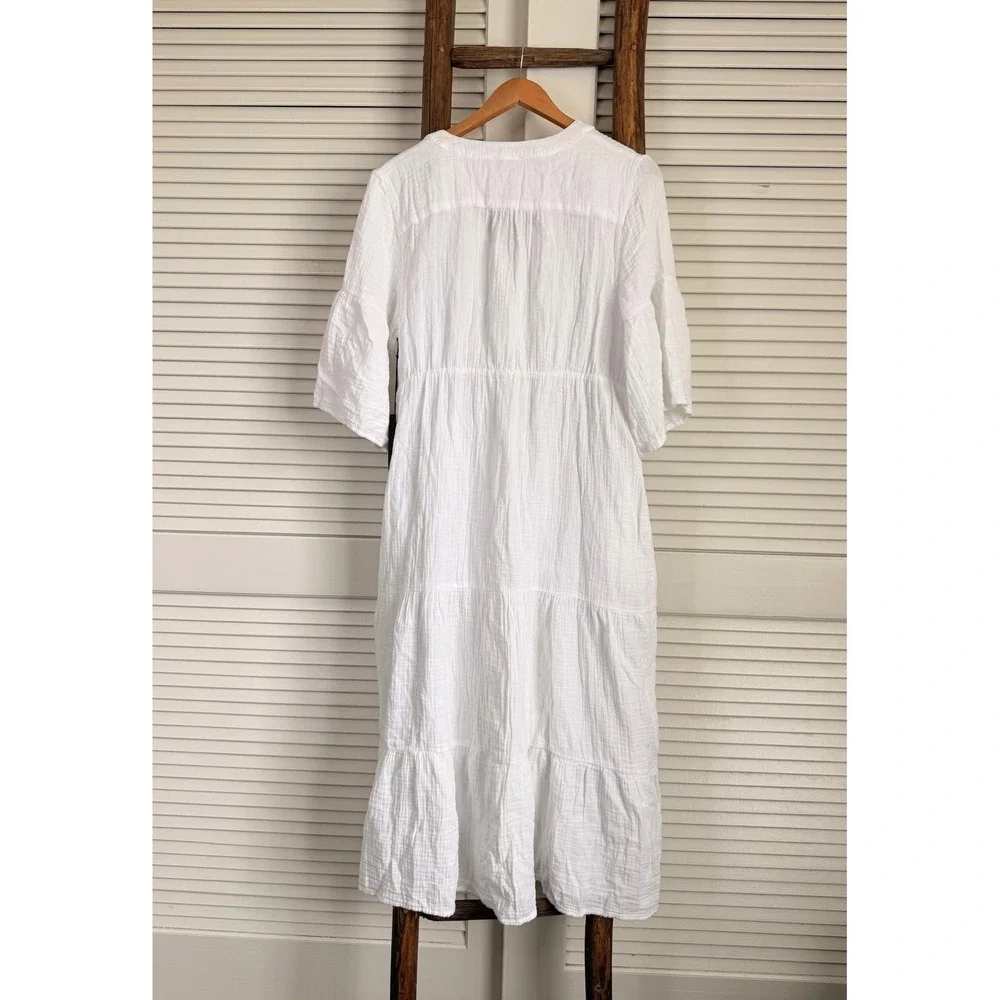 Saks Fifth Avenue White Cotton Gauze Tiered Midi Dress V-Neck Bell Sleeve Large